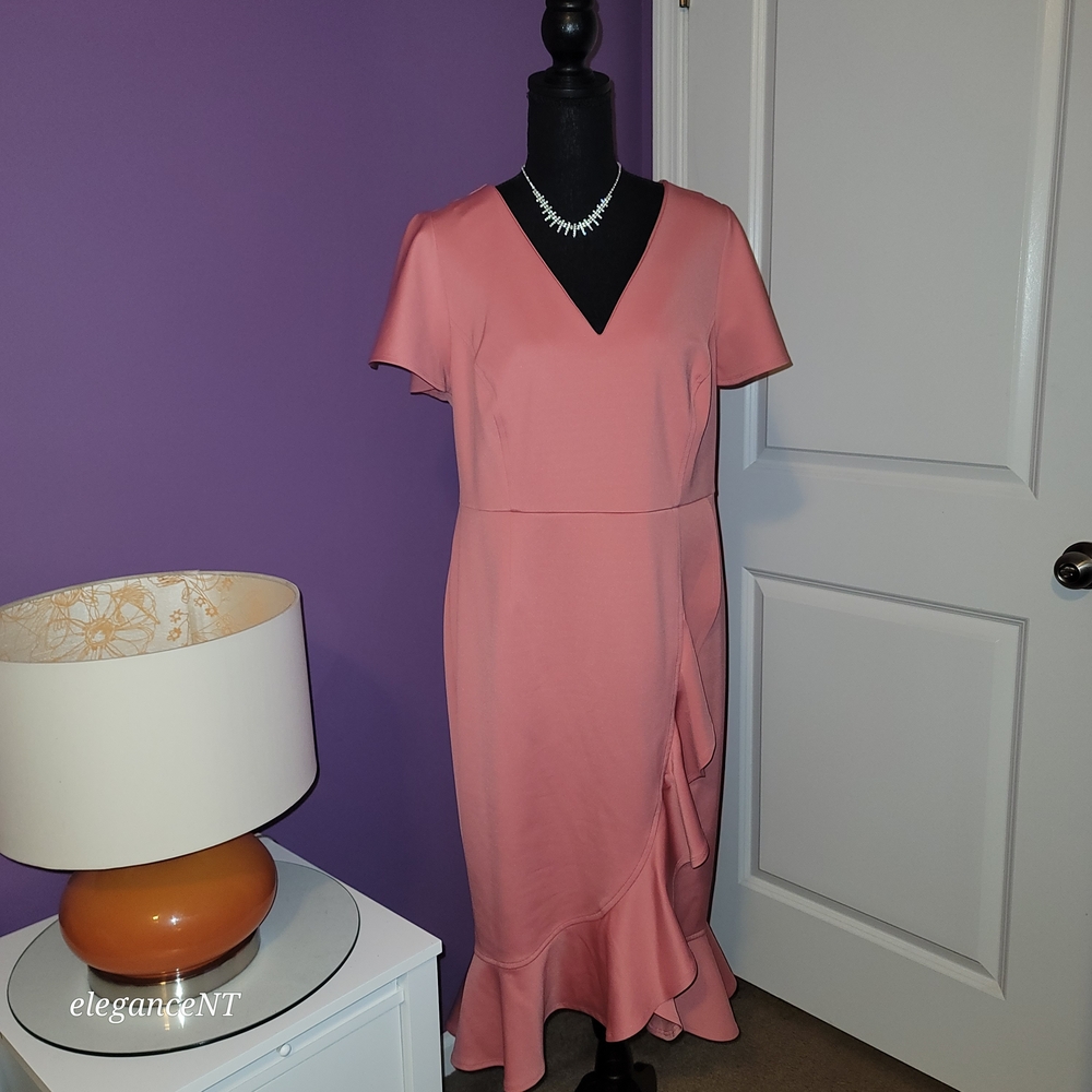 Lane Bryant Coral V-Neck Ruffle Midi Dress Sz: 12 NWT - Picture 2 of 10